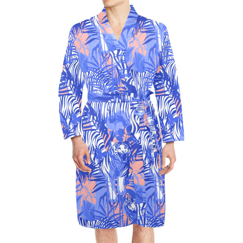 white bengal tigers pattern Men's Long Sleeve Belted Night Robe