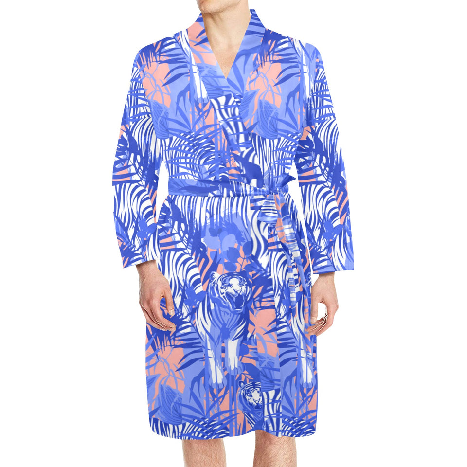 white bengal tigers pattern Men's Long Sleeve Belted Night Robe