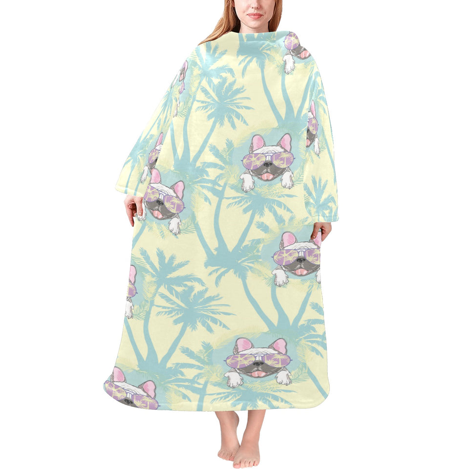 French bulldog hawaii blackground Blanket Robe with Sleeves