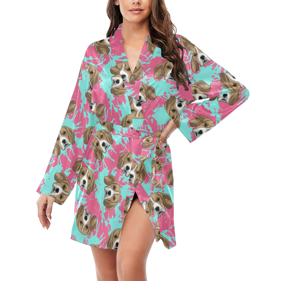 Beagle muzzles turquoise paint splashes pink patte Women's Long Sleeve Belted Night Robe