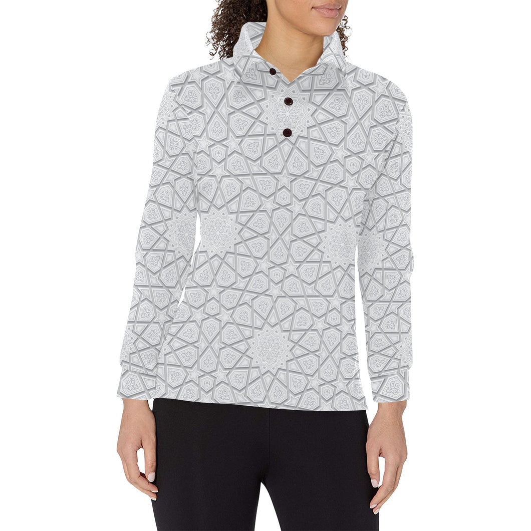 arabic star pattern Women's Long Sleeve Polo Shirt