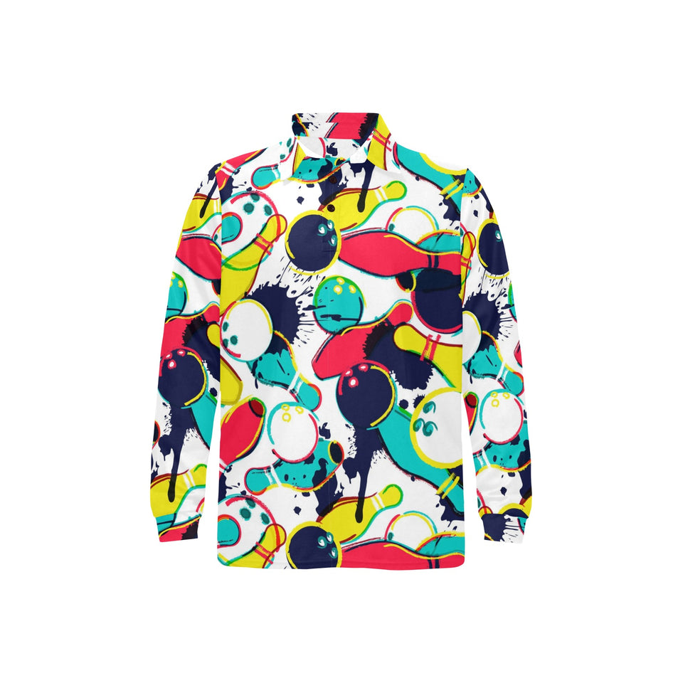 watercolor bowling ball pins Men's Long Sleeve Polo Shirt