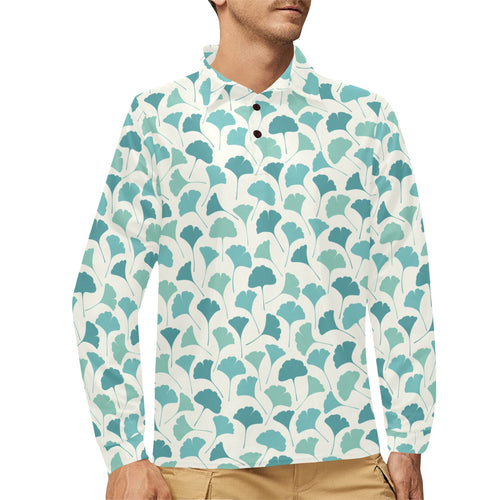 Green ginkgo leaves pattern Men's Long Sleeve Polo Shirt