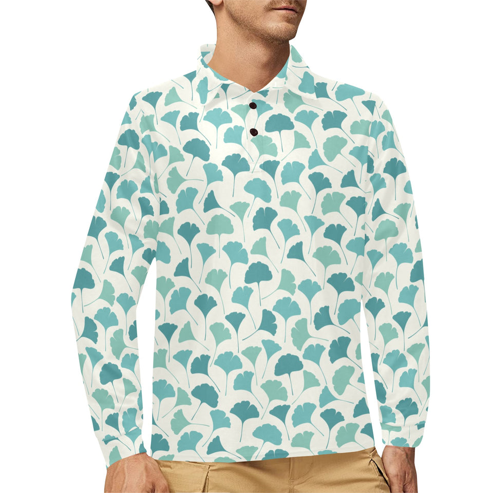 Green ginkgo leaves pattern Men's Long Sleeve Polo Shirt