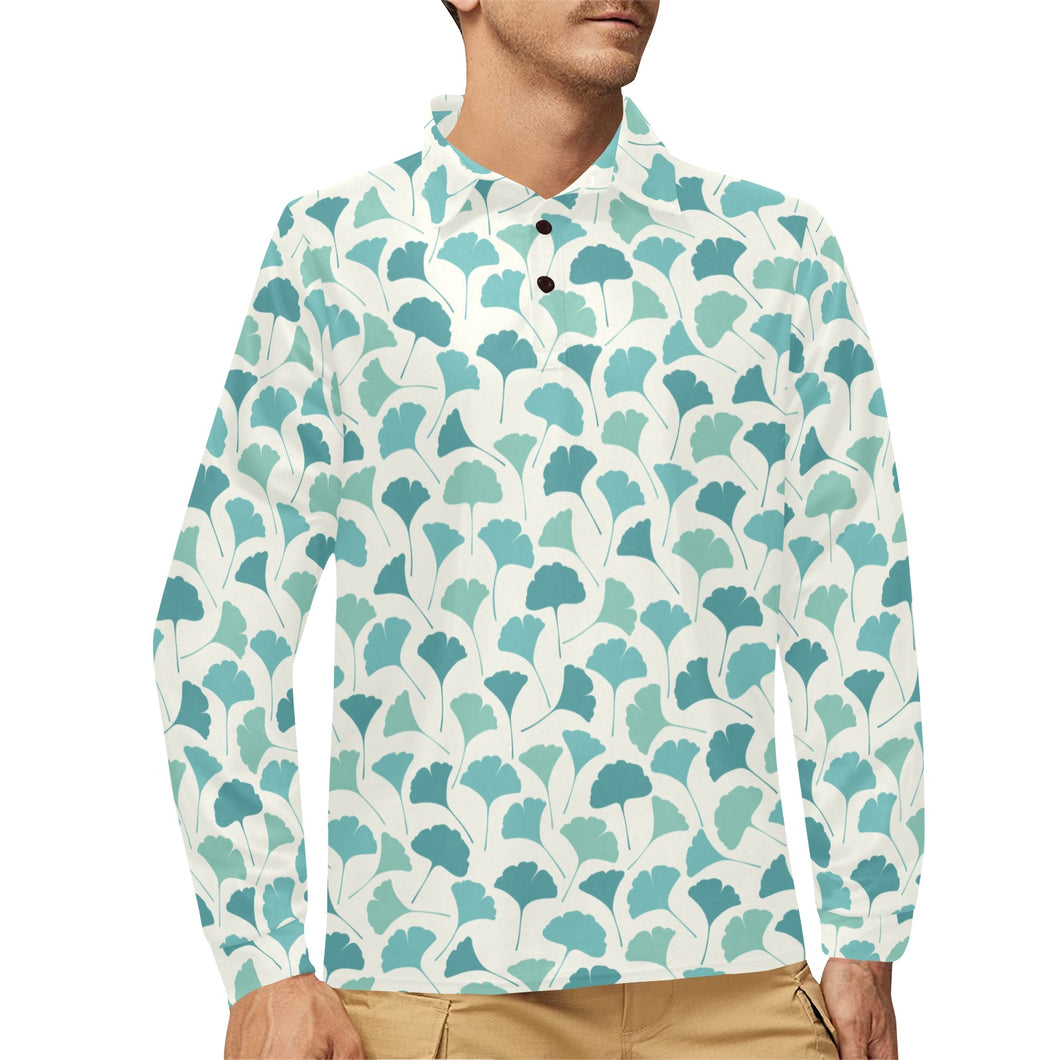 Green ginkgo leaves pattern Men's Long Sleeve Polo Shirt