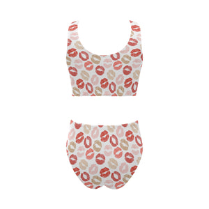 Lips Pattern Print Design 04 Chest Bowknot High Waisted Bikini Swimsuit