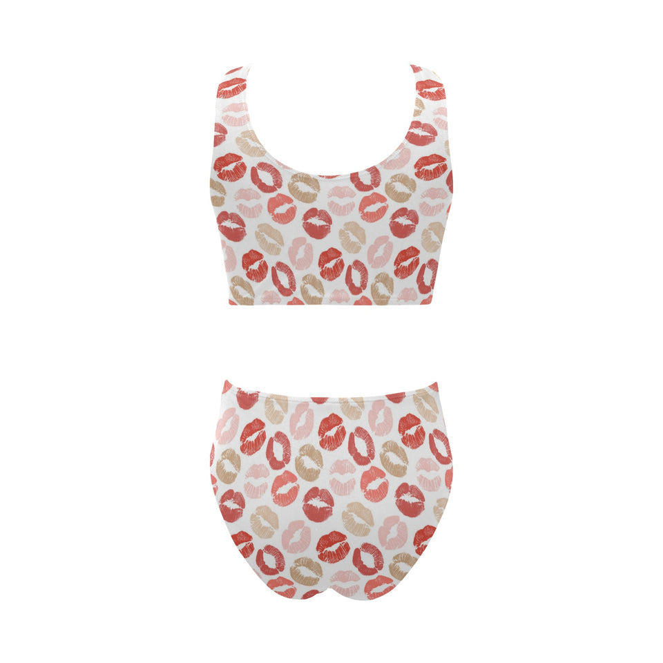 Lips Pattern Print Design 04 Chest Bowknot High Waisted Bikini Swimsuit