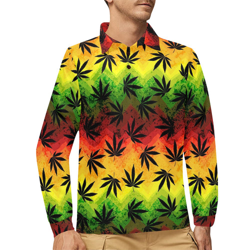 Canabis Marijuana Weed Pattern Print Design 03 Men's Long Sleeve Polo Shirt