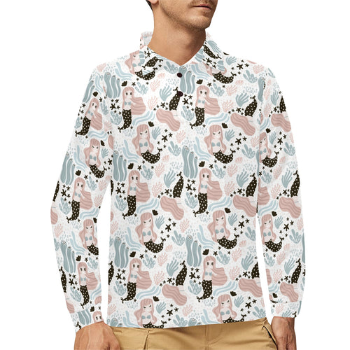 cute mermaid pattern Men's Long Sleeve Polo Shirt