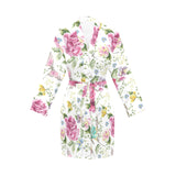 Hand drawn butterfly rose Women's Long Sleeve Belted Night Robe
