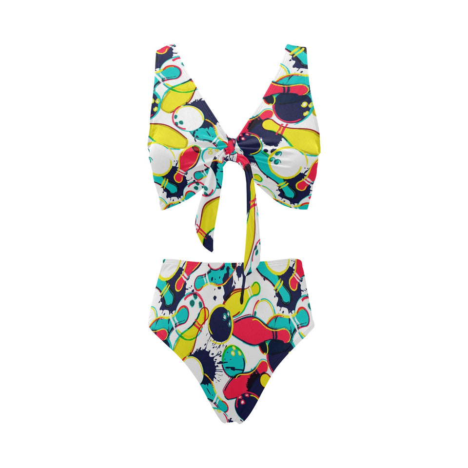 watercolor bowling ball pins Chest Bowknot High Waisted Bikini Swimsuit