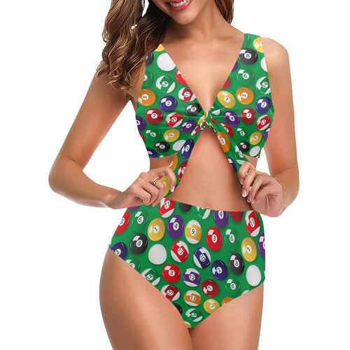 Billiard Ball Pattern Print Design 02 Chest Bowknot High Waisted Bikini Swimsuit
