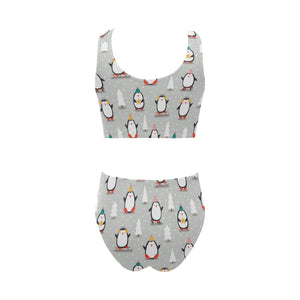Cute Penguin christmas pattern Chest Bowknot High Waisted Bikini Swimsuit