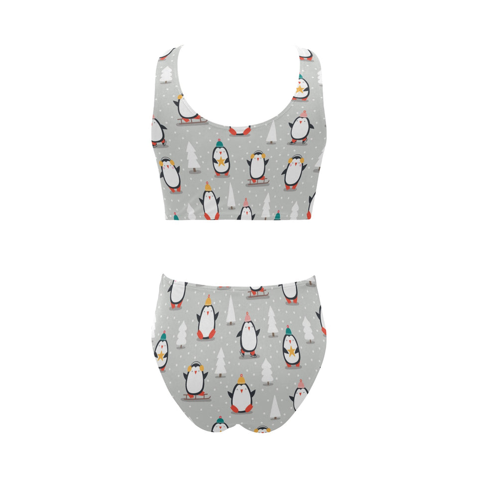 Cute Penguin christmas pattern Chest Bowknot High Waisted Bikini Swimsuit