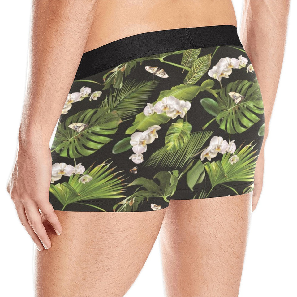 White orchid flower tropical leaves pattern blackg Men's All Over Print Boxer Briefs Men's Underwear