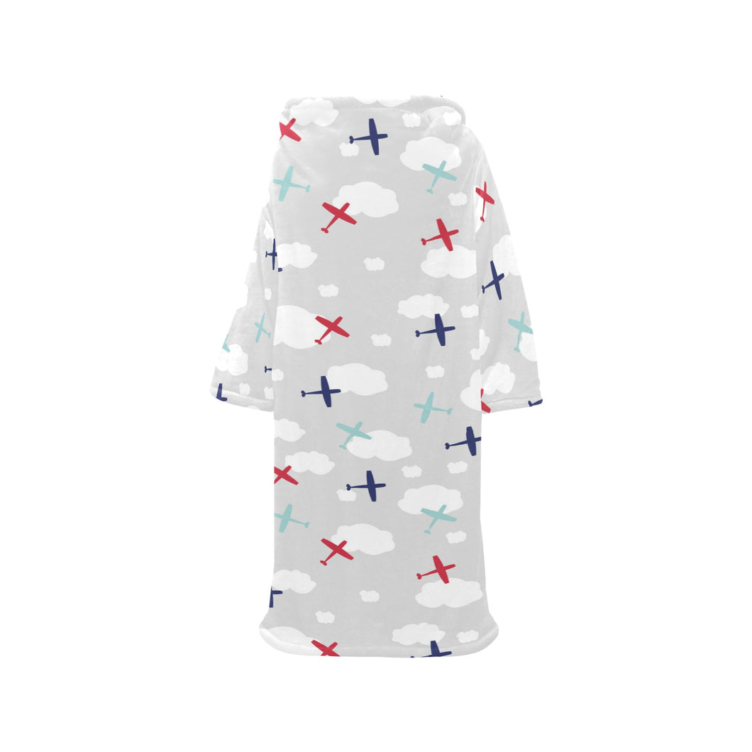 Airplane cloud grey background Blanket Robe with Sleeves