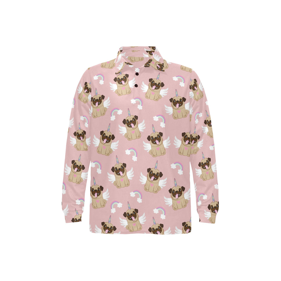 Cute unicorn pug pattern Men's Long Sleeve Polo Shirt