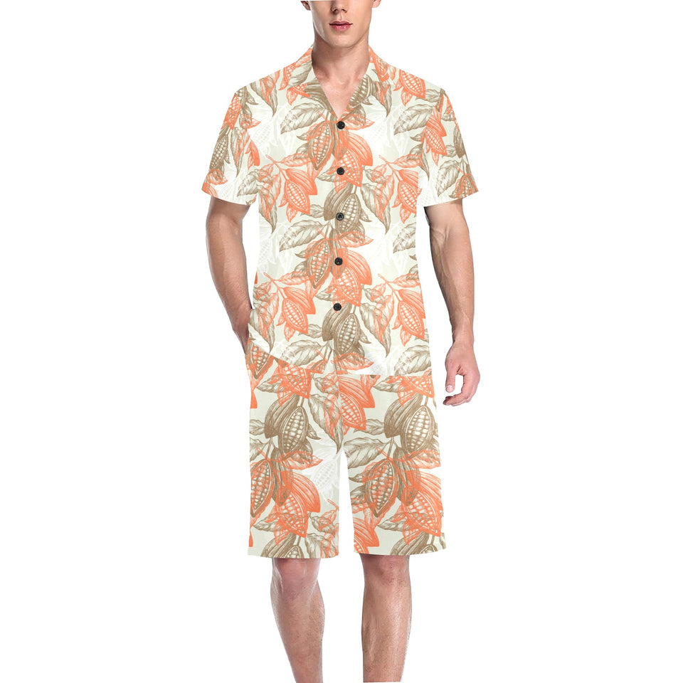 Cocoa beans Cocoa tree pattern Men's V-Neck Short Pajama Set