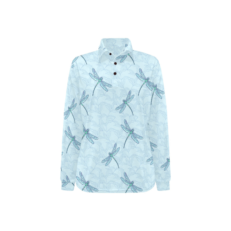 Dragonfly pattern blue background Women's Long Sleeve Polo Shirt