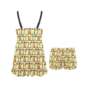 English Bulldog Pattern Print Design 02 Chest Sexy Pleated Two Piece Swim Dress