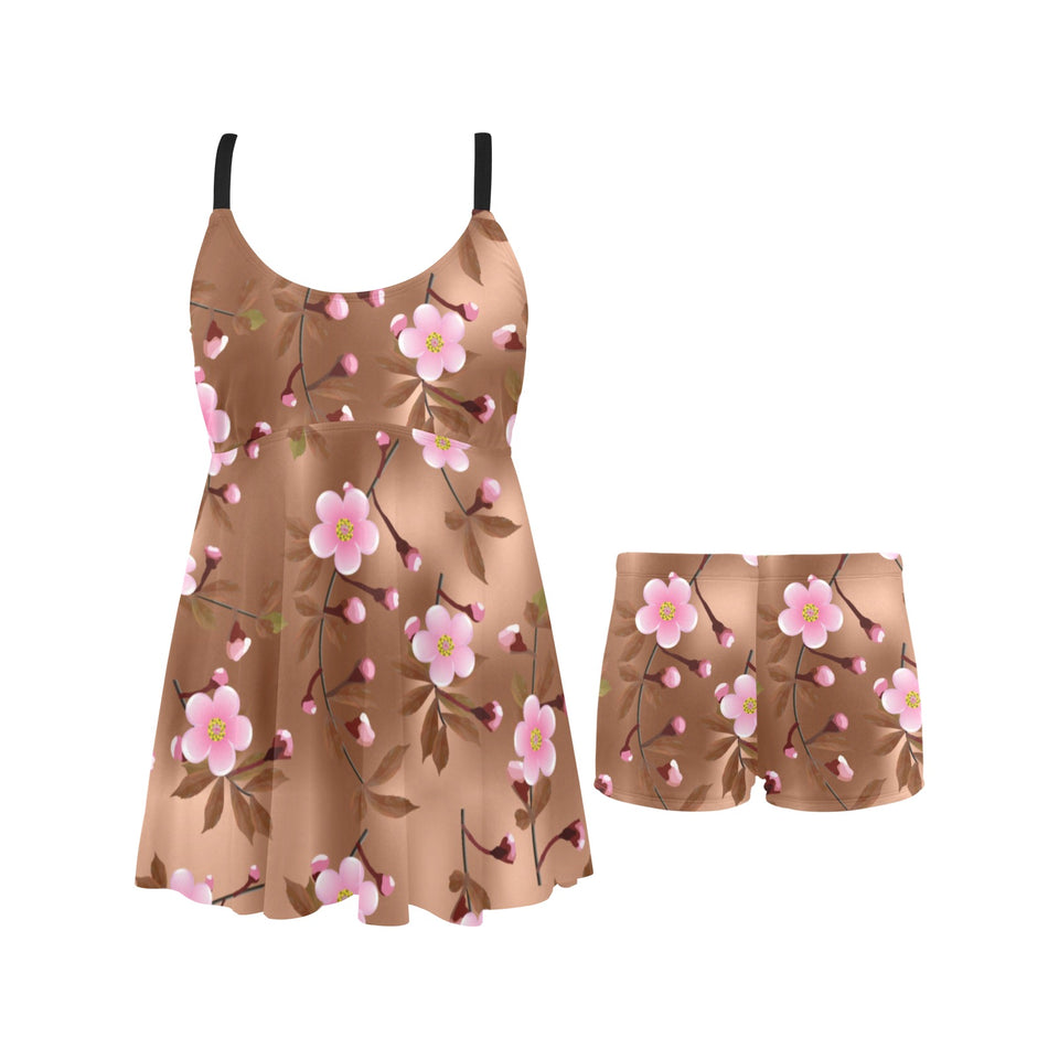 Pink sakura cherry blossom drak brown background Chest Sexy Pleated Two Piece Swim Dress