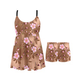 Pink sakura cherry blossom drak brown background Chest Sexy Pleated Two Piece Swim Dress