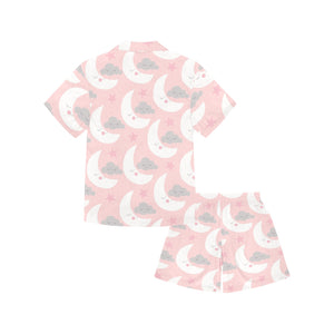 Cute moon cloud star pattern pink dot background Kids' Boys' Girls' V-Neck Short Pajama Set