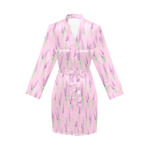 Lavender pattern pink background Women's Long Sleeve Belted Night Robe