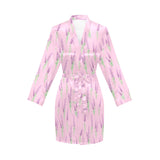 Lavender pattern pink background Women's Long Sleeve Belted Night Robe
