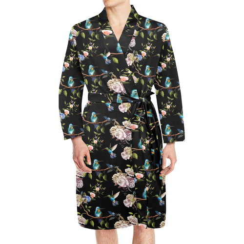 Hummingbird Pattern Print Design 03 Men's Long Sleeve Belted Night Robe