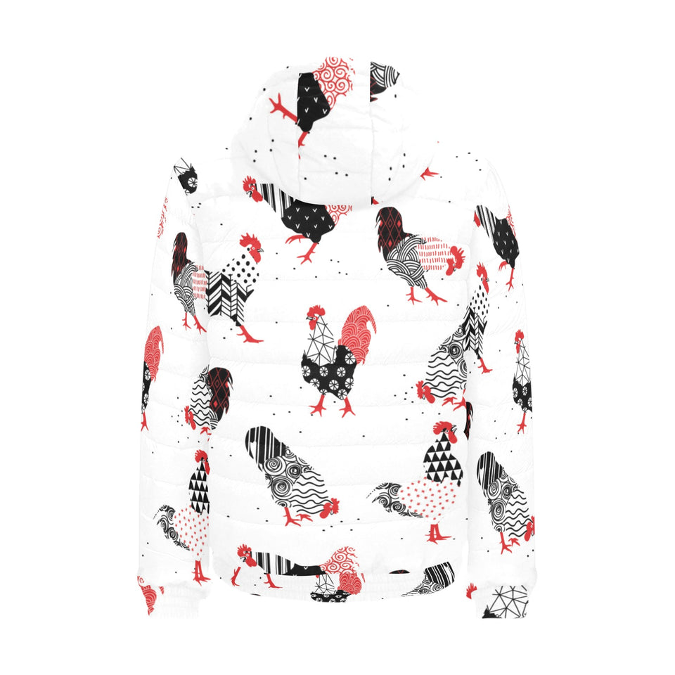 Cool rooster chicken cock floral ornament backgrou Men's Padded Hooded Jacket