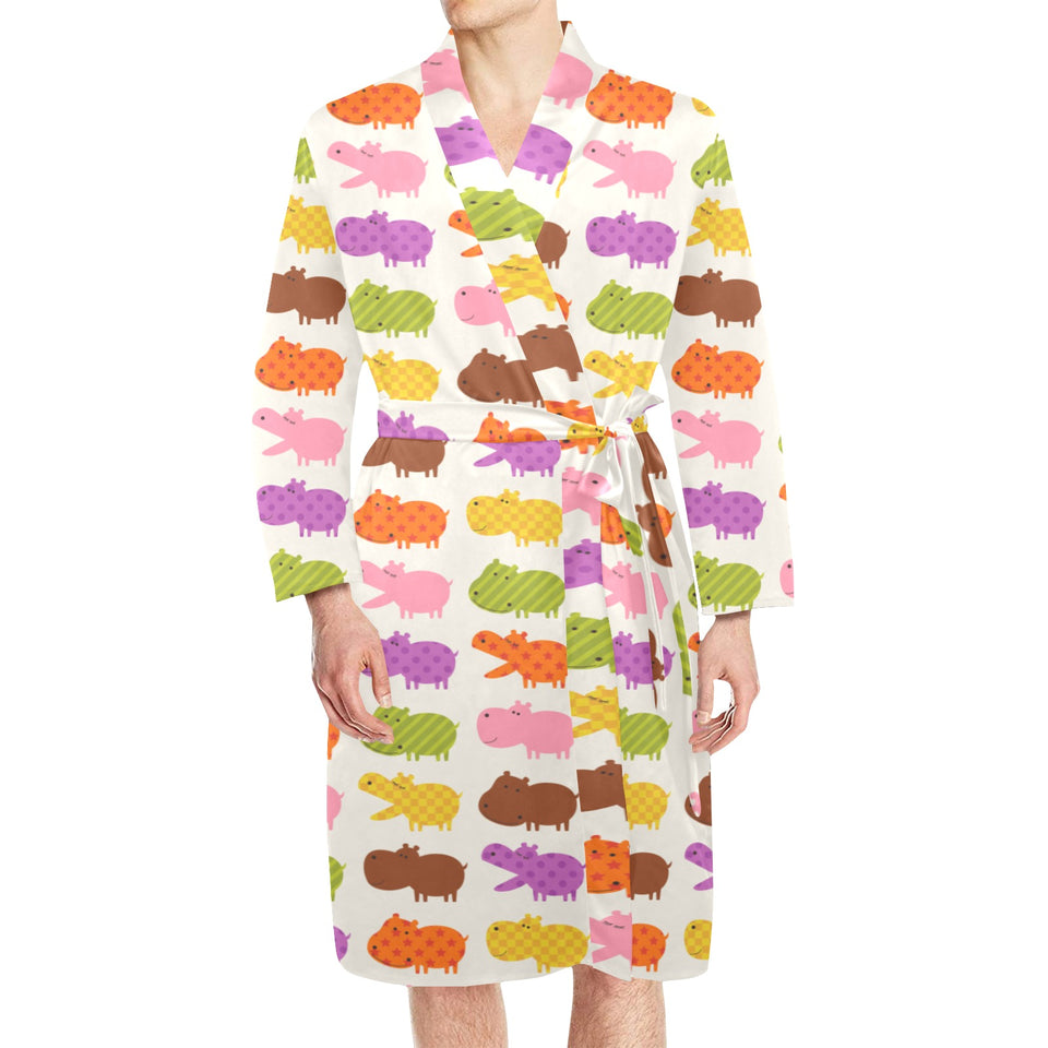 Hippopotamus Pattern Print Design 01 Men's Long Sleeve Belted Night Robe