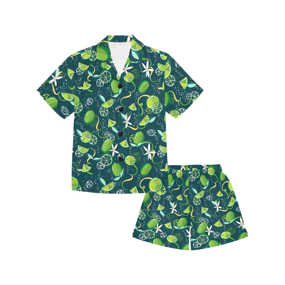 Lime ice flower pattern Kids' Boys' Girls' V-Neck Short Pajama Set