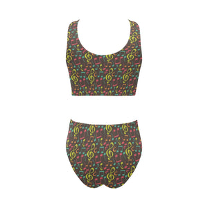 Music Notes Pattern Print Design 05 Chest Bowknot High Waisted Bikini Swimsuit