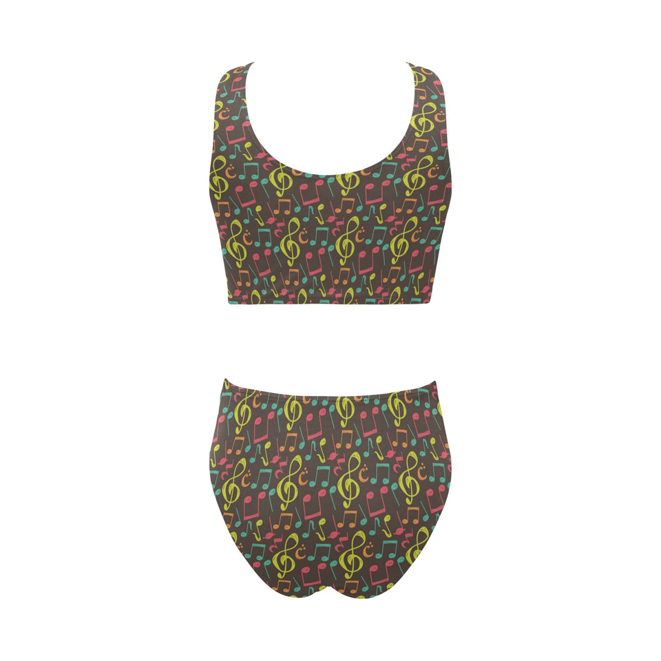 Music Notes Pattern Print Design 05 Chest Bowknot High Waisted Bikini Swimsuit