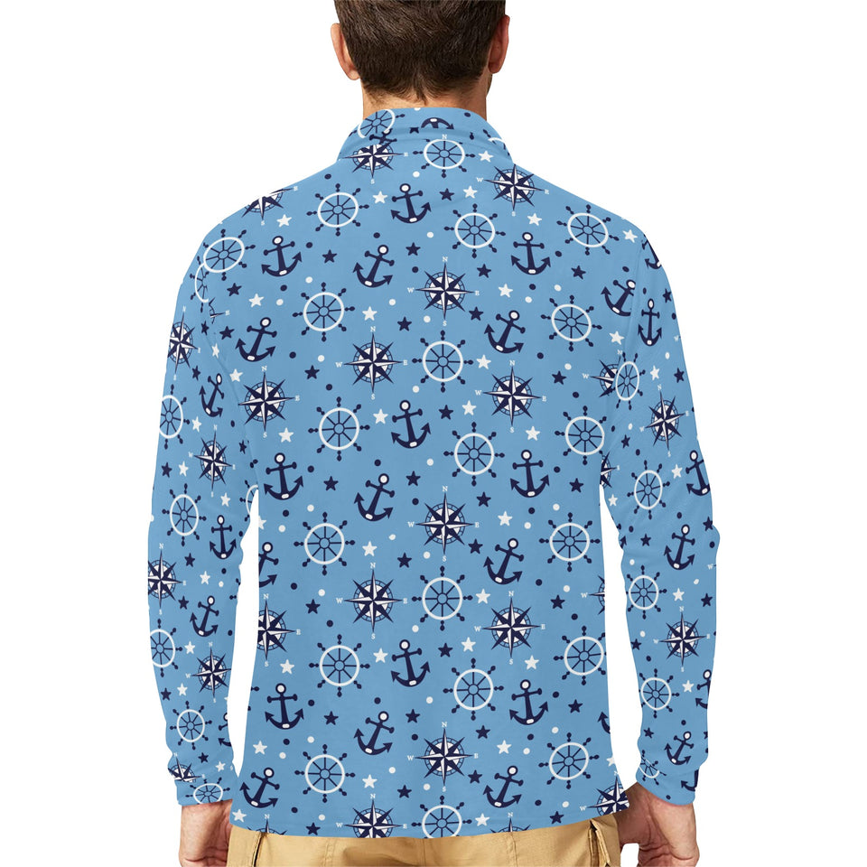 Anchors rudder compass star nautical pattern Men's Long Sleeve Polo Shirt