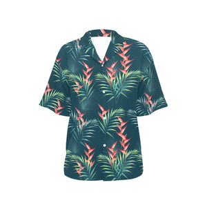 heliconia flowers, palm and monstera leaves on bla Women's All Over Print Hawaiian Shirt