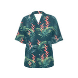 heliconia flowers, palm and monstera leaves on bla Women's All Over Print Hawaiian Shirt