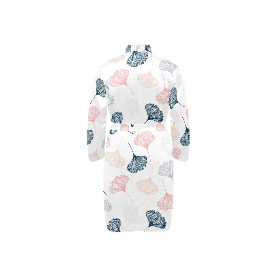 Black Gray Cream coral ginkgo leaves pattern Men's Long Sleeve Belted Night Robe