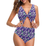 Eggplant Pattern Print Design 03 Chest Bowknot High Waisted Bikini Swimsuit