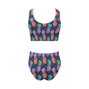 Pineapples pattern zigzag background Chest Bowknot High Waisted Bikini Swimsuit