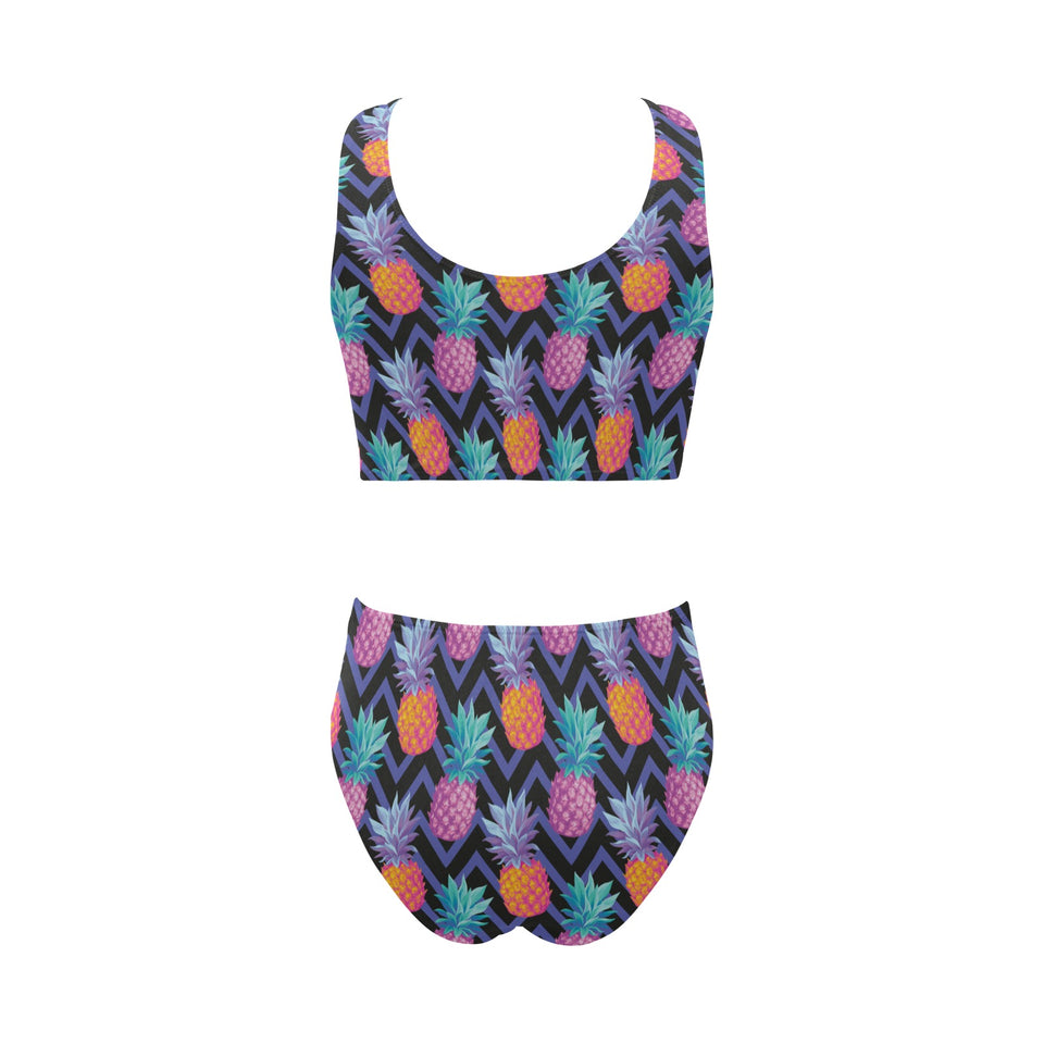 Pineapples pattern zigzag background Chest Bowknot High Waisted Bikini Swimsuit