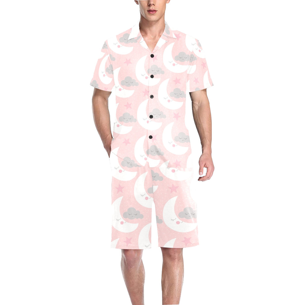Cute moon cloud star pattern pink dot background Men's V-Neck Short Pajama Set