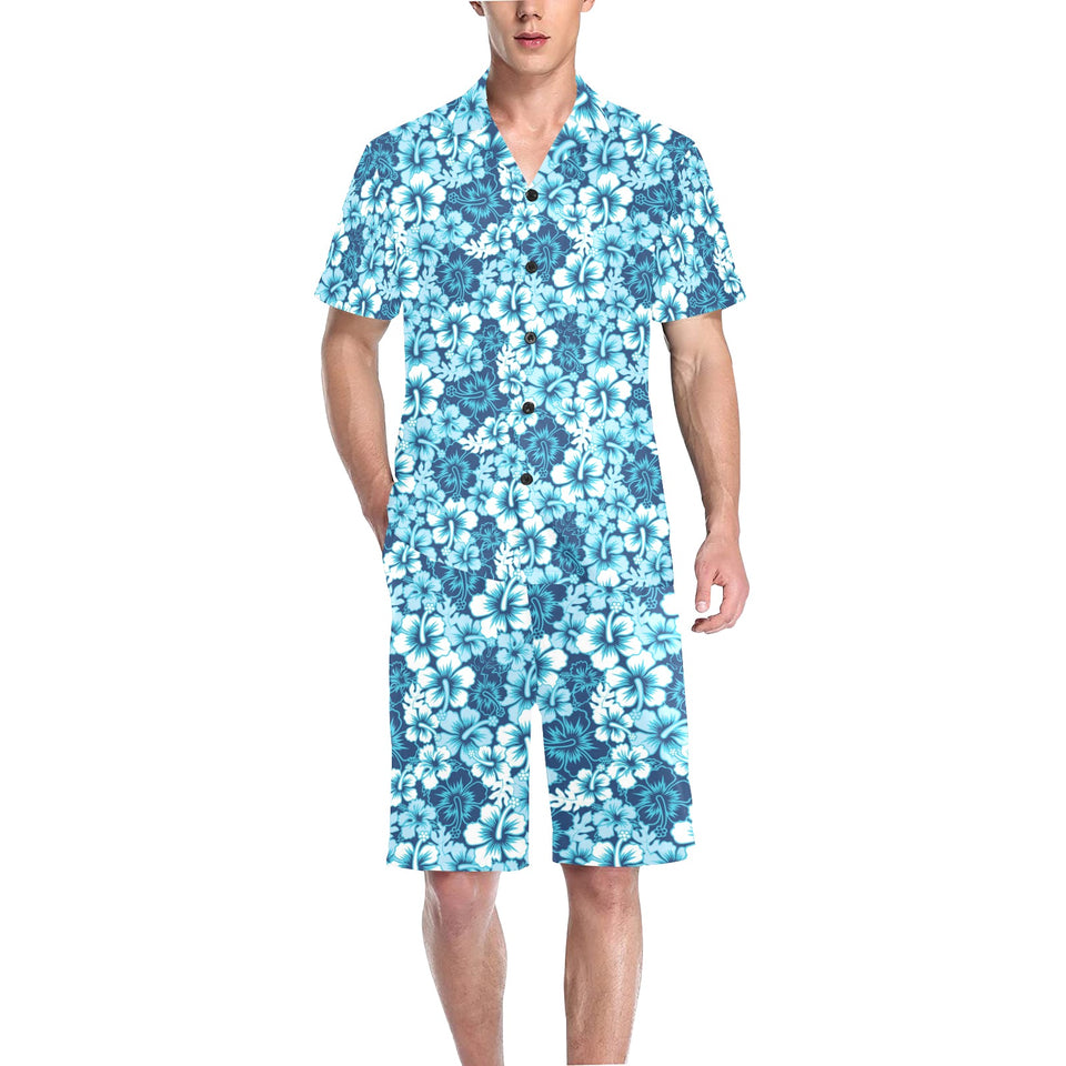 Hibiscus Pattern Print Design 03 Men's V-Neck Short Pajama Set