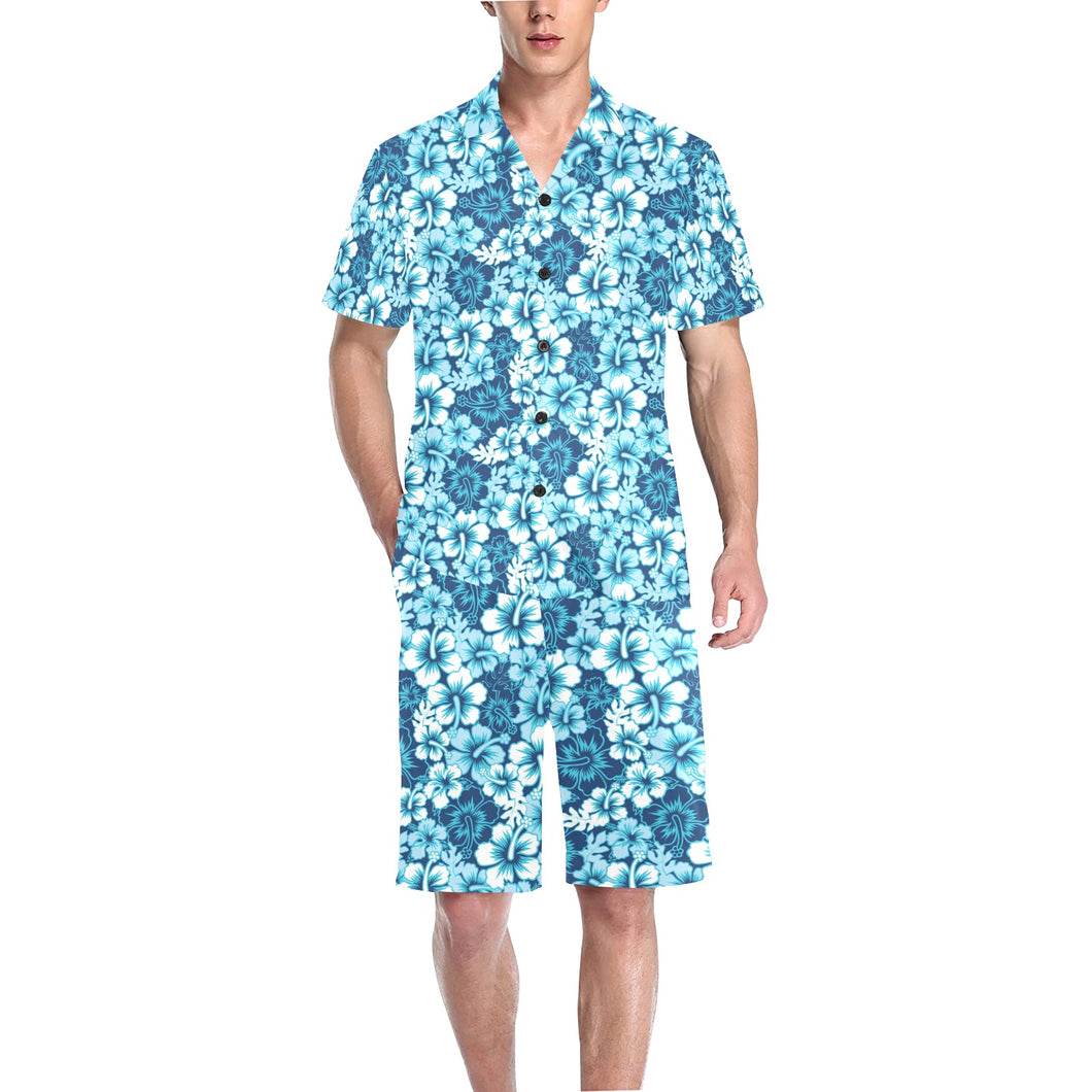 Hibiscus Pattern Print Design 03 Men's V-Neck Short Pajama Set