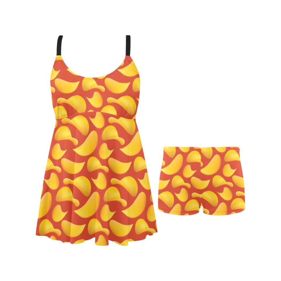 Potato Chips Pattern Print Design 05 Chest Sexy Pleated Two Piece Swim Dress