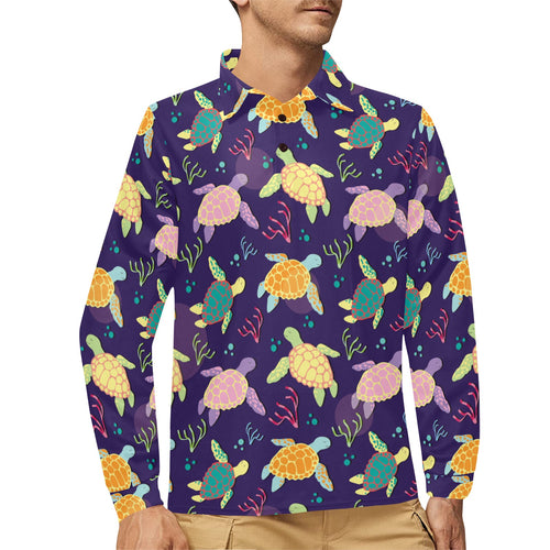 Colorful sea turtle pattern Men's Long Sleeve Polo Shirt