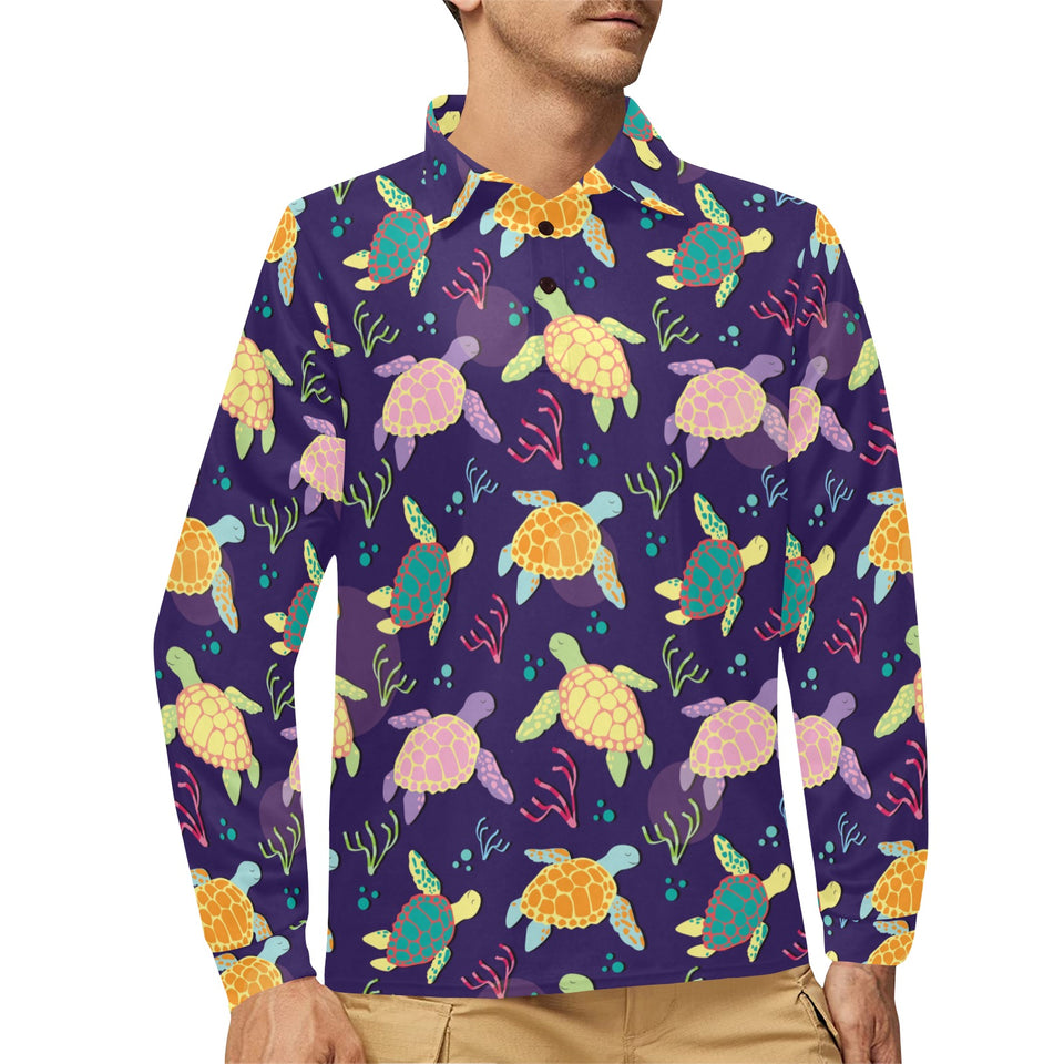 Colorful sea turtle pattern Men's Long Sleeve Polo Shirt