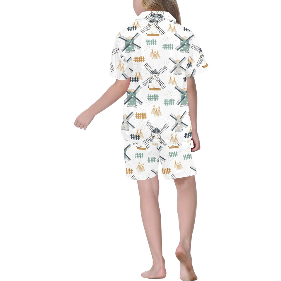 windmill pattern Kids' Boys' Girls' V-Neck Short Pajama Set