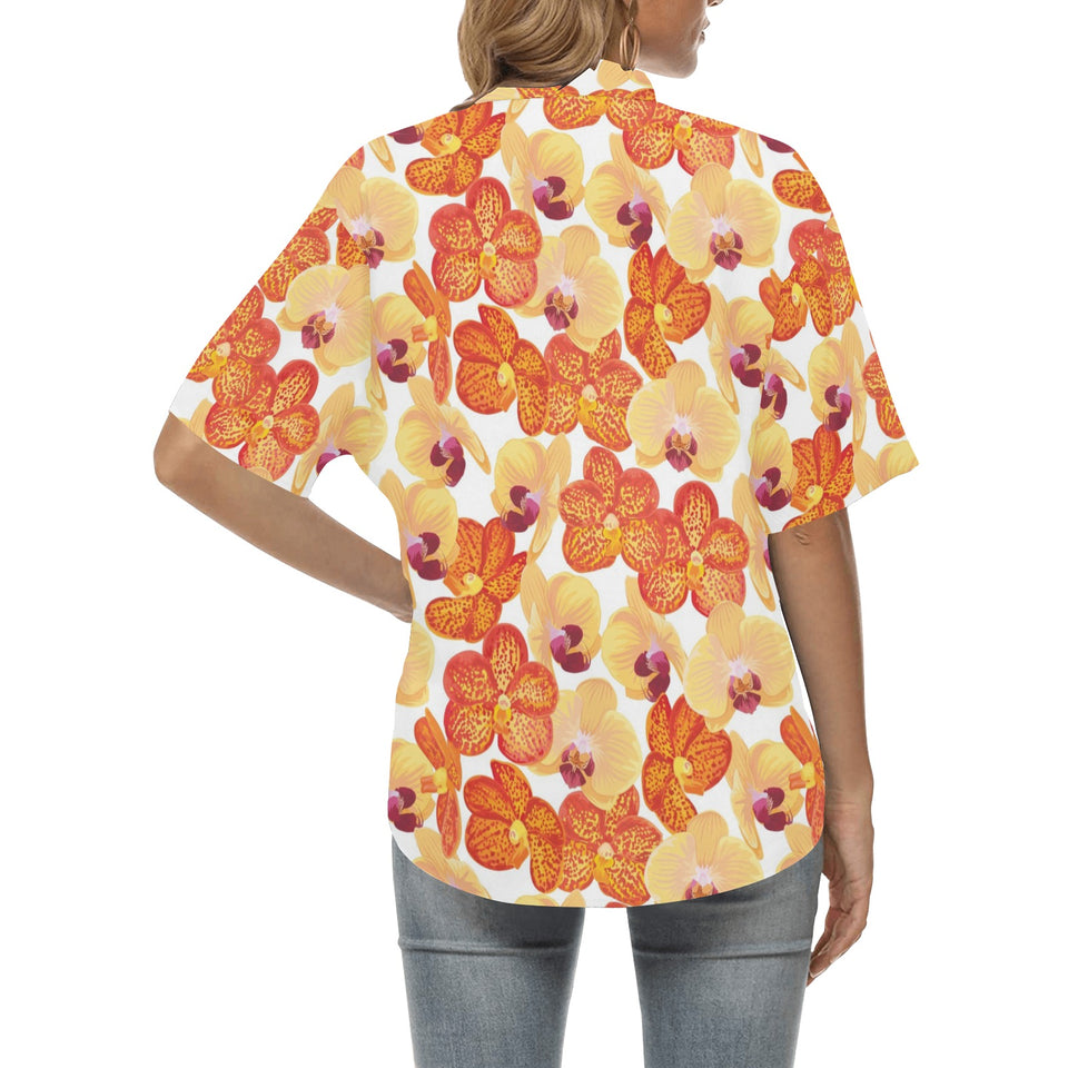 Orange yellow orchid flower pattern background Women's All Over Print Hawaiian Shirt
